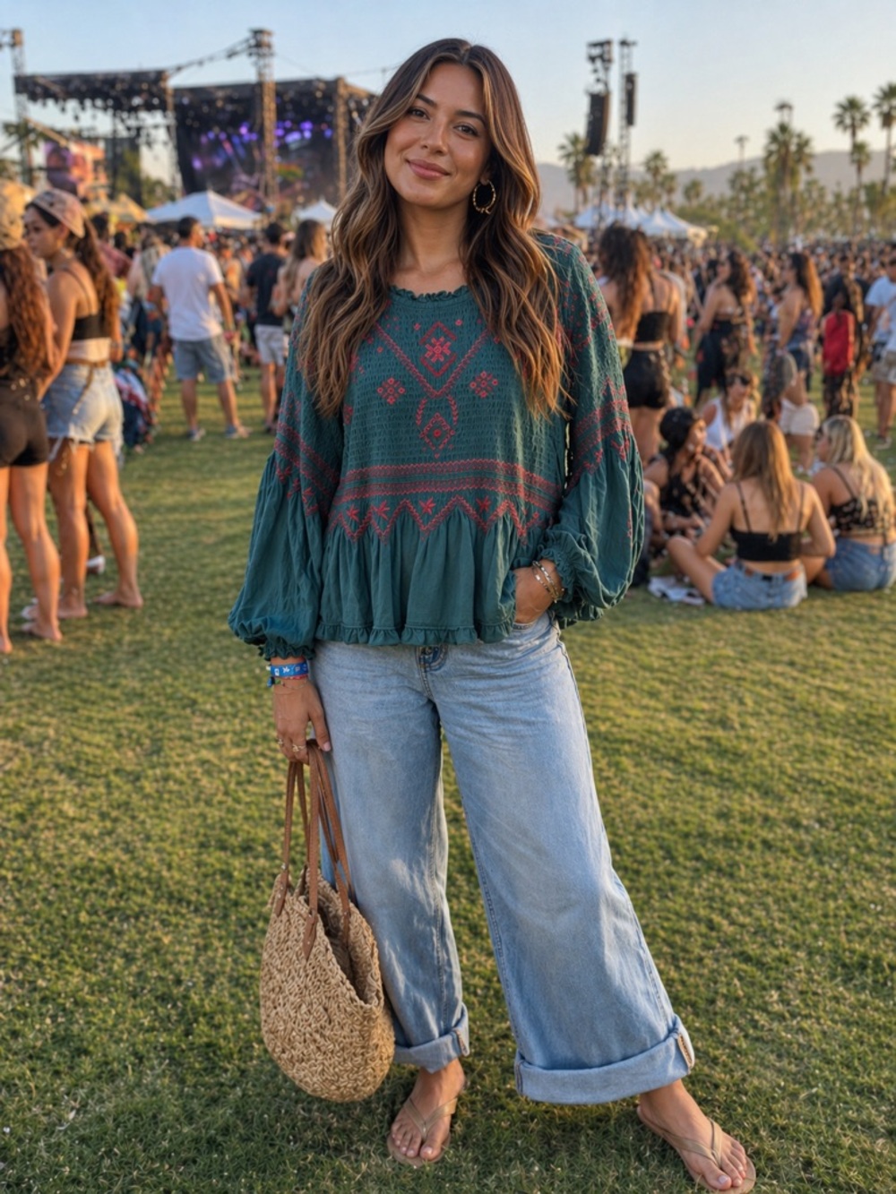 Free People Green Embroidered Peasant Top